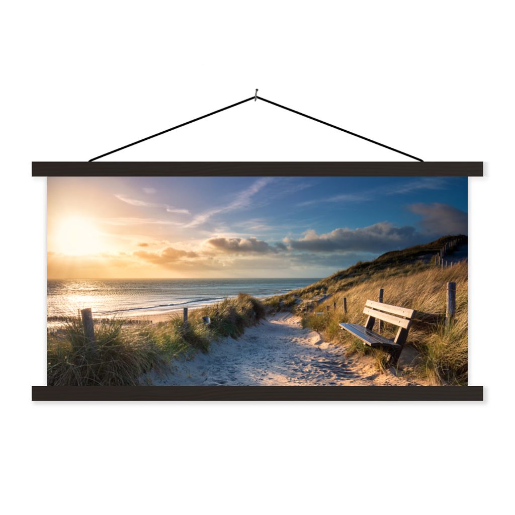MuchoWow Textilposter Sonnenuntergang - Strand - Düne - Gras - Bank 150x75 cm mit schwarzem Rahmen - Posterleiste