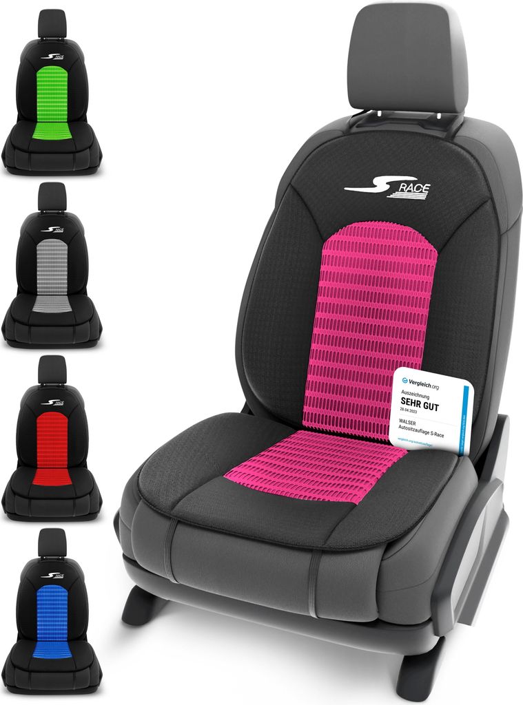 A car seat cover with a pink insert, displayed alongside other color variations.