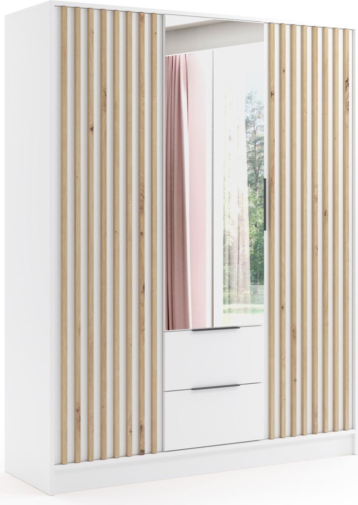 ALTDECOR Kleiderschrank NERA mit Spiegel und selbstschließenden Flügeltüren mit Lamel - 150 cm Weiß / Weiß / Artisan