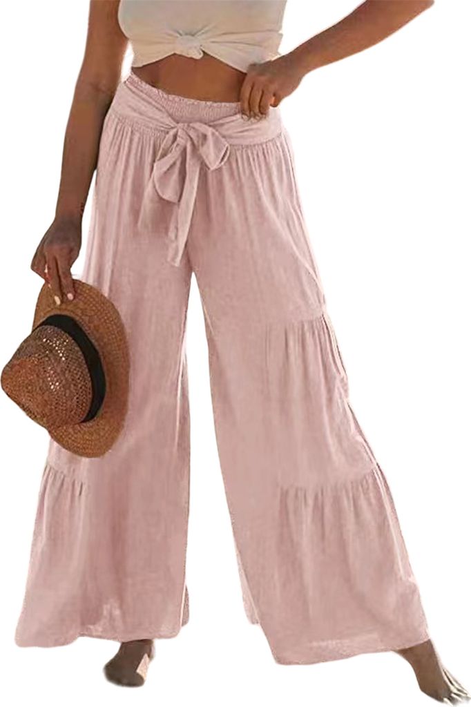 ASKSA Damen Weitem Bein Hose Elegant Hohe Taille Freizeithose Leichte Sommerhose, Rosa, Groesse: XL