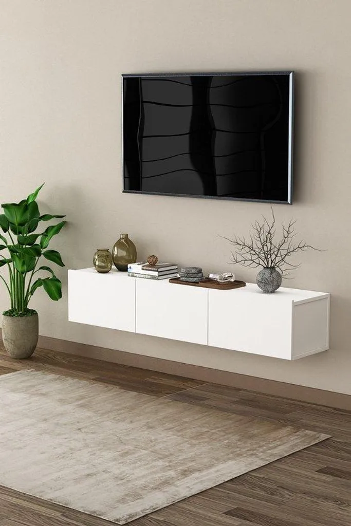 Meuble TV bas suspendu 160x30x32 cm blanc MDF - 3 abattants design