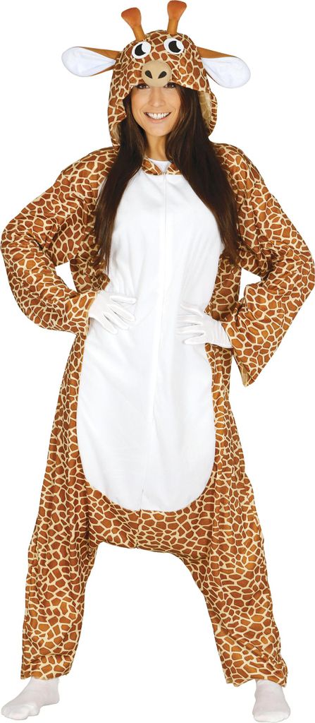 A woman is wearing a full-body giraffe costume.