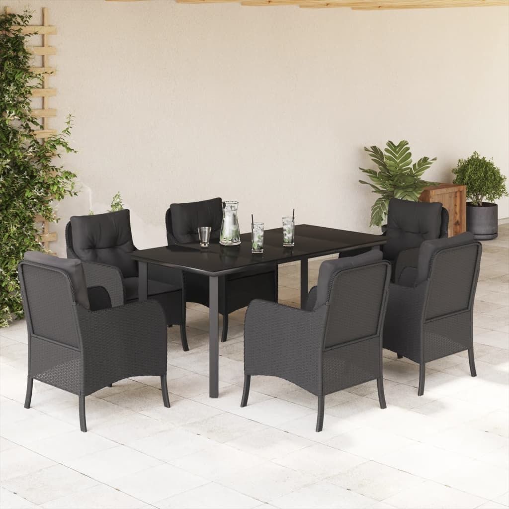 Maison Exclusive - 7-tlg. Garten-Essgruppe mit Kissen Schwarz Poly Rattan