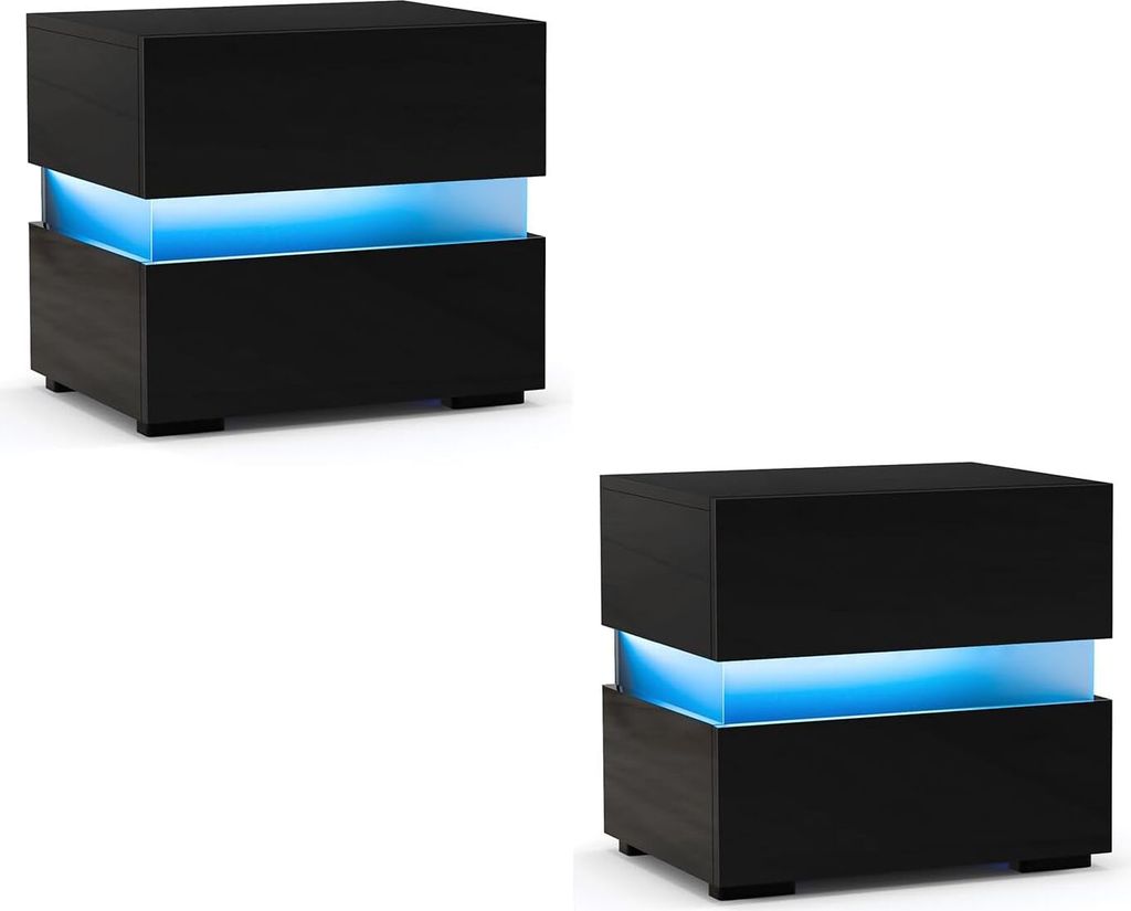 Two black nightstands with blue LED lighting are shown against a white background.