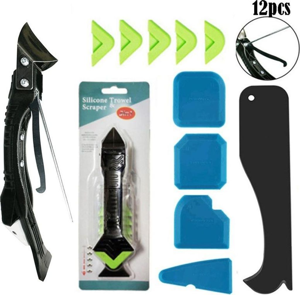 INF 12-teiliges Dichtungs Werkzeug Set: 5-in-1 Metallkopf Hakenmesser, Fugenentfernung, Winkelschaber und Kunststoffschaber