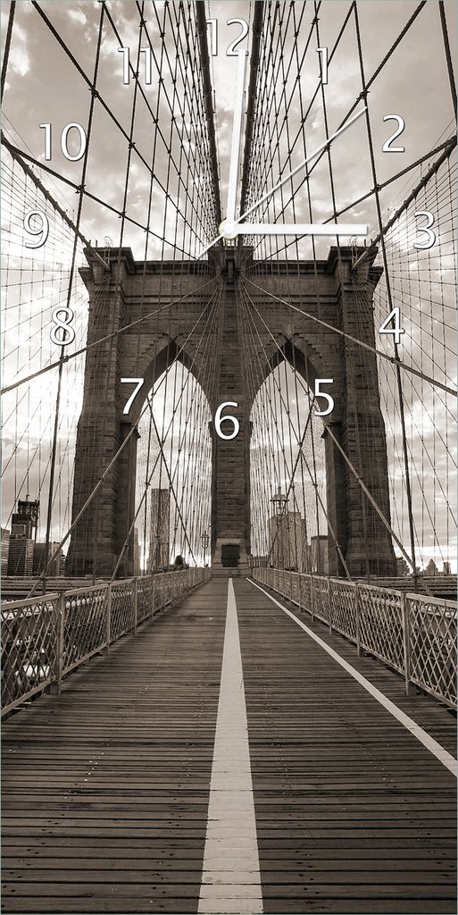 Wallario Design Wanduhr Brooklyn Bridge in New York aus Echtglas, Größe 30 x 60 cm