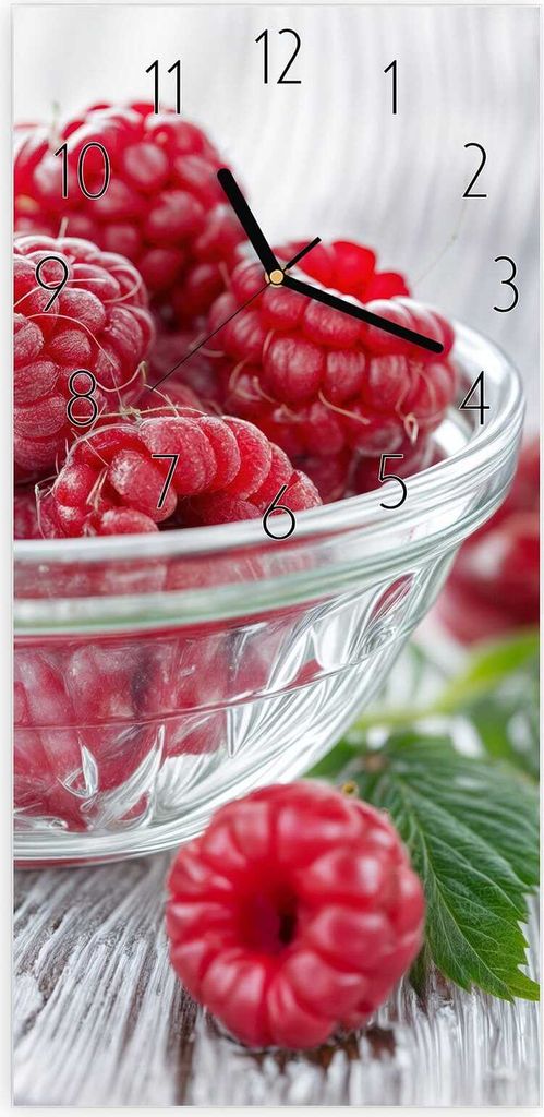 Wanduhr aus Glas mit Motiv Frische Himbeeren- 30 x 60 cm - inkl. Aufhängesystem
