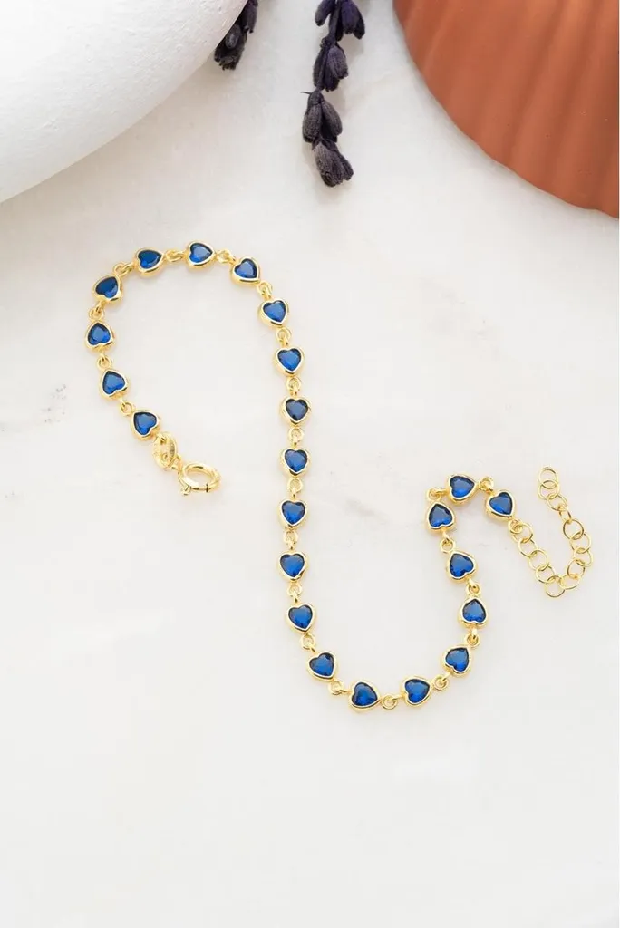 Bracelet gourmette femme en argent et cœurs bleus avec chaîne ajustable