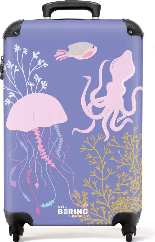 NoBoringSuitcases.com Koffer Handgepäck Trolley Rollkoffer Kleine Reisekoffer mit 4 Rollen - Lila mit Meerestieren - Cabin Size < 55x40x23 cm & ...
