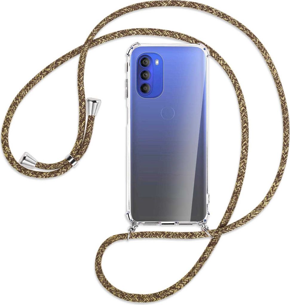 Handykette Backcover-Schutzhülle mit Band (Metall silberfarben) für Motorola Moto G51 5G - braun+beige