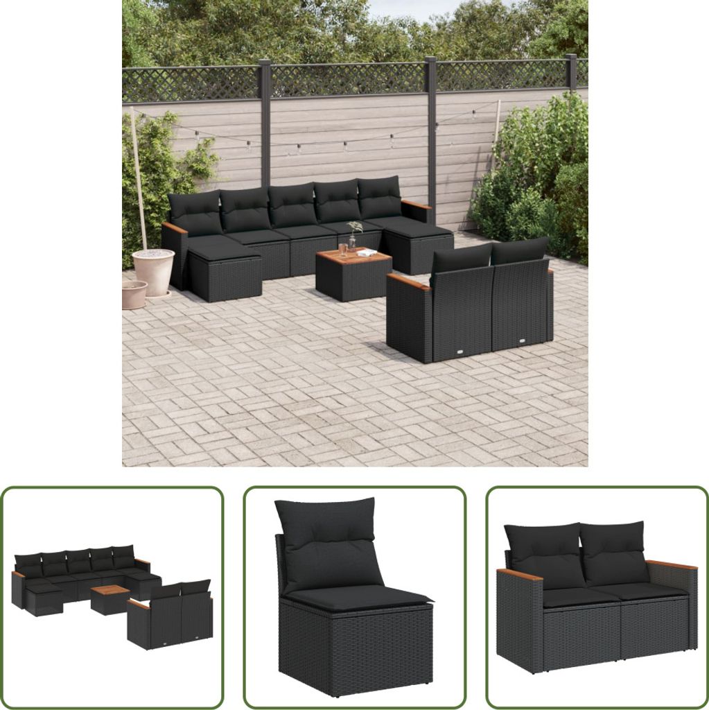 The Living Store 10-tlg. Garten-Sofagarnitur mit Kissen Schwarz Poly Rattan