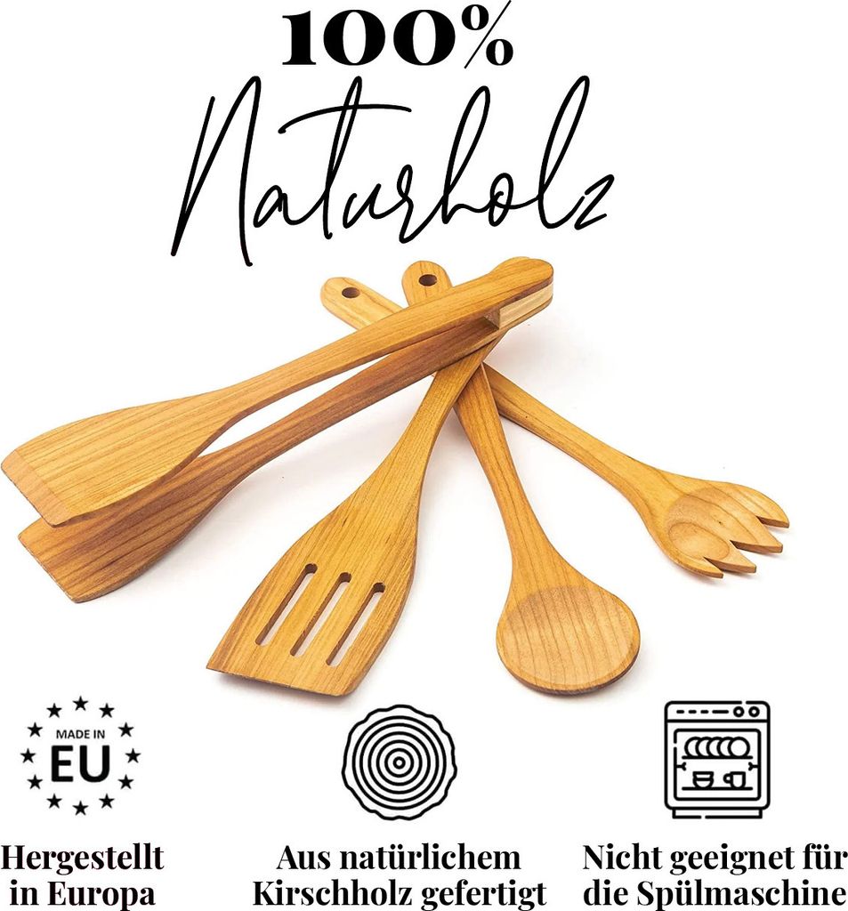 tuuli 4-tlg Kochlöffel Set Holz Kirsche (Kochlöffel, Gabel, Pfannenwender, Grillzange)