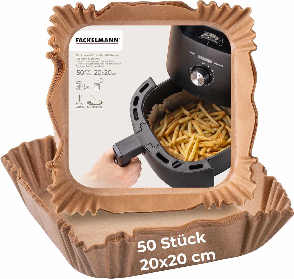 Fackelmann Backpapier für Heißluftfritteuse, 20 cm eckig, beschichtet, hitzebeständig bis +220°C, 50 Stück