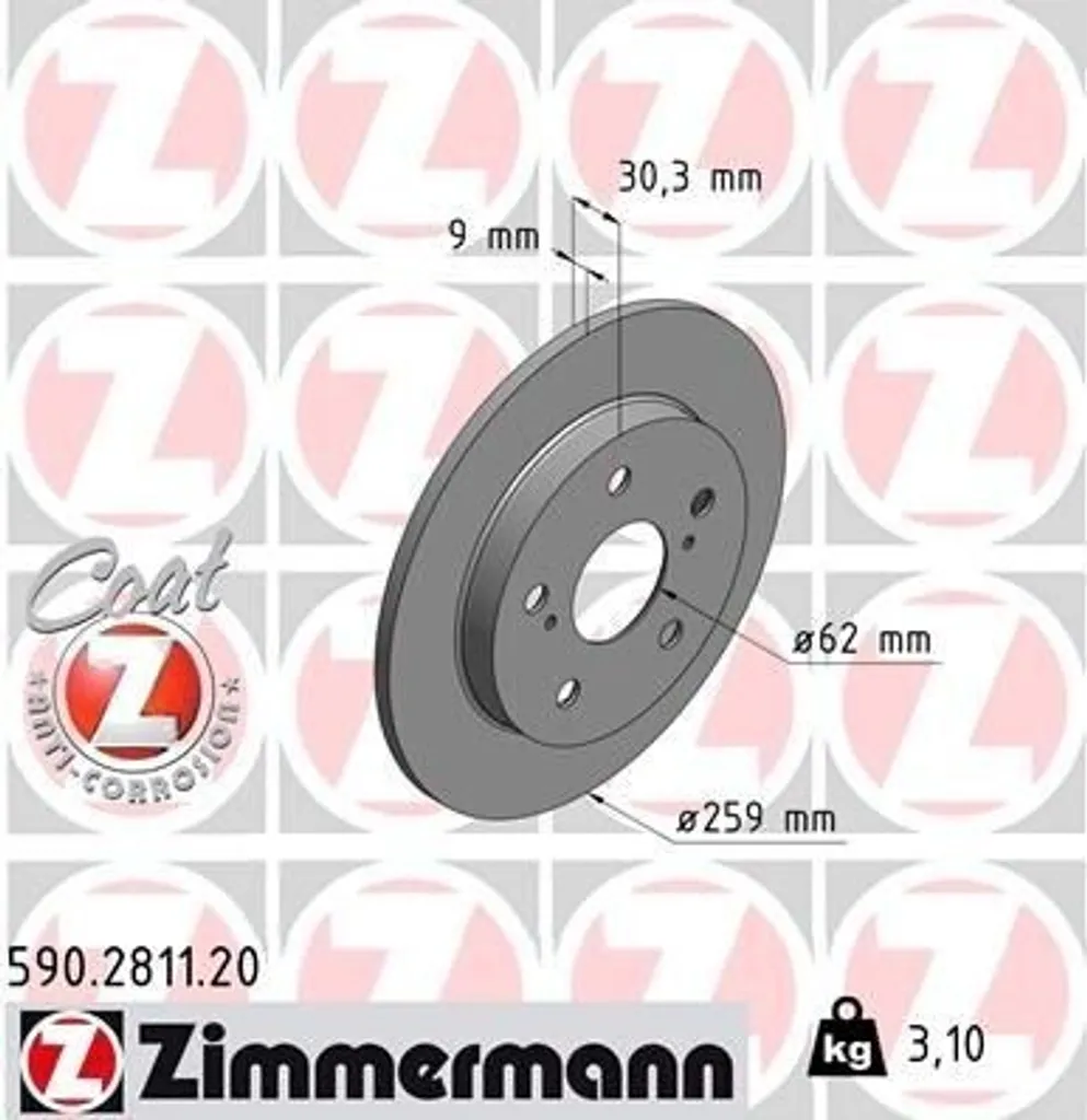 Disque de frein arrière pour rénovation Toyota Auris 590.2811.20 Zimmermann