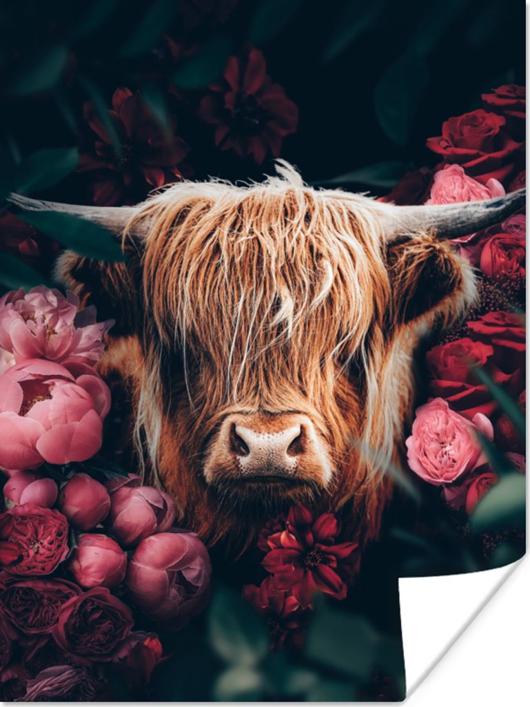 MuchoWow Poster Kuh - Schottischer Highlander - Blumen - Botanisch 60x80 cm - Schlafzimmer Dekoration