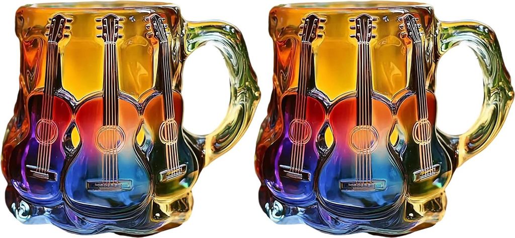 2 Stück Gitarren-Kunstbecher, 325 ml, musikalische Kaffeetasse, 3D-Glasbecher in Gitarrenform, bemalte Sammlung, Geschenke für Musikliebhaber