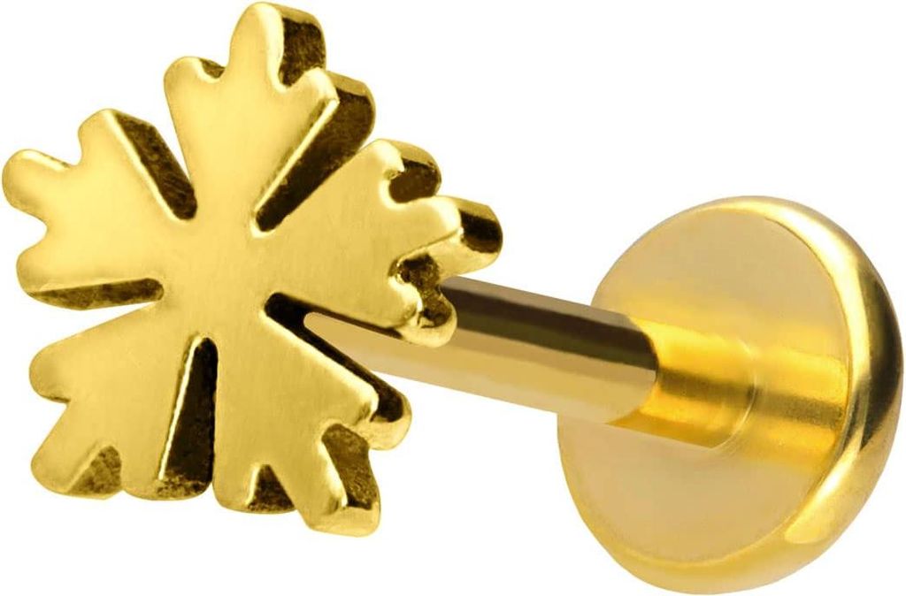 Ohrpiercing, Nasenpiercing Titan Labret mit Push Fit SCHNEEFLOCKE Gold Stablänge: 10mm | Stabstärke: 1mm
