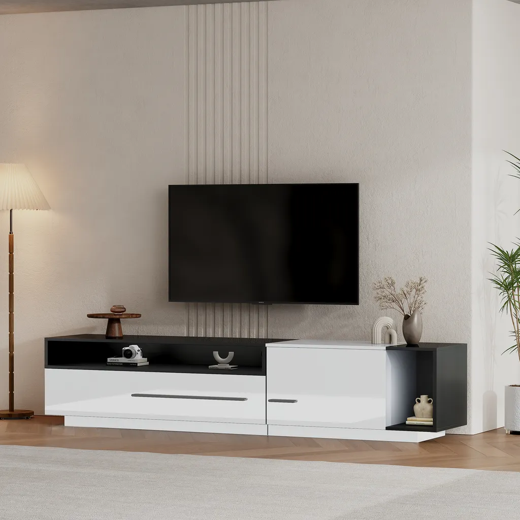Meuble TV 170 cm Noir et Blanc pour Ranger vos Câbles et Appareils Vidéo