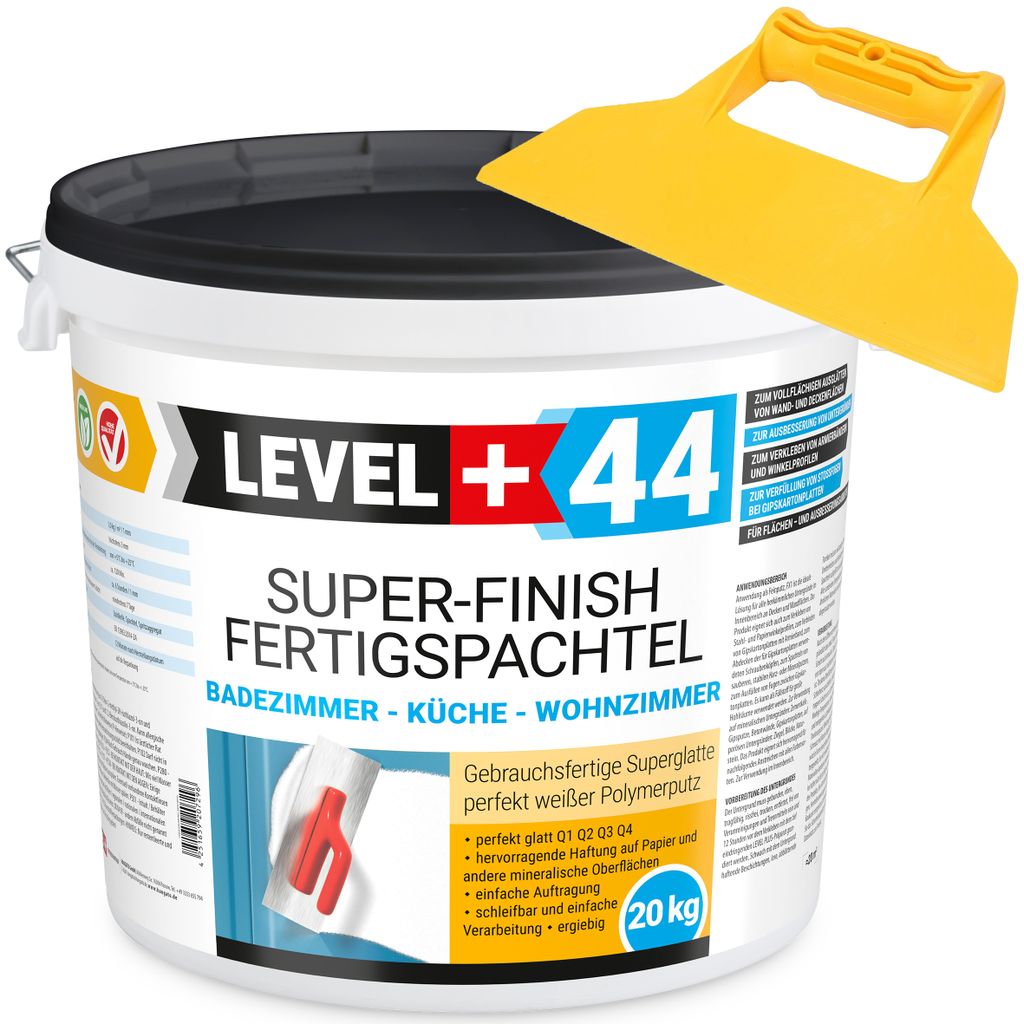 Super Finish Fertigspachtel Q1-Q4 Spachtelmasse 20kg Perfekt Glatt Weiß Innenbereich + Kunststoffspachtel Fugenspachtel ohne Zahnung Set RM44
