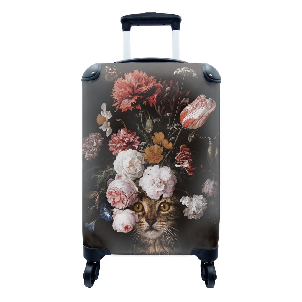 MuchoWow Koffer Handgepäck Trolley Rollkoffer Kleine Reisekoffer mit 4 Rollen - Katze - Blumen - Flora - Cabin Size < 55x40x23 cm & 55x40x20 cm ...