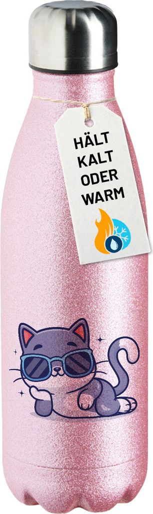 Huuraa Trinkflasche Cool Cat Comic 500ml Pink Edelstahl Wasserflasche Trinkflasche Geschenkidee