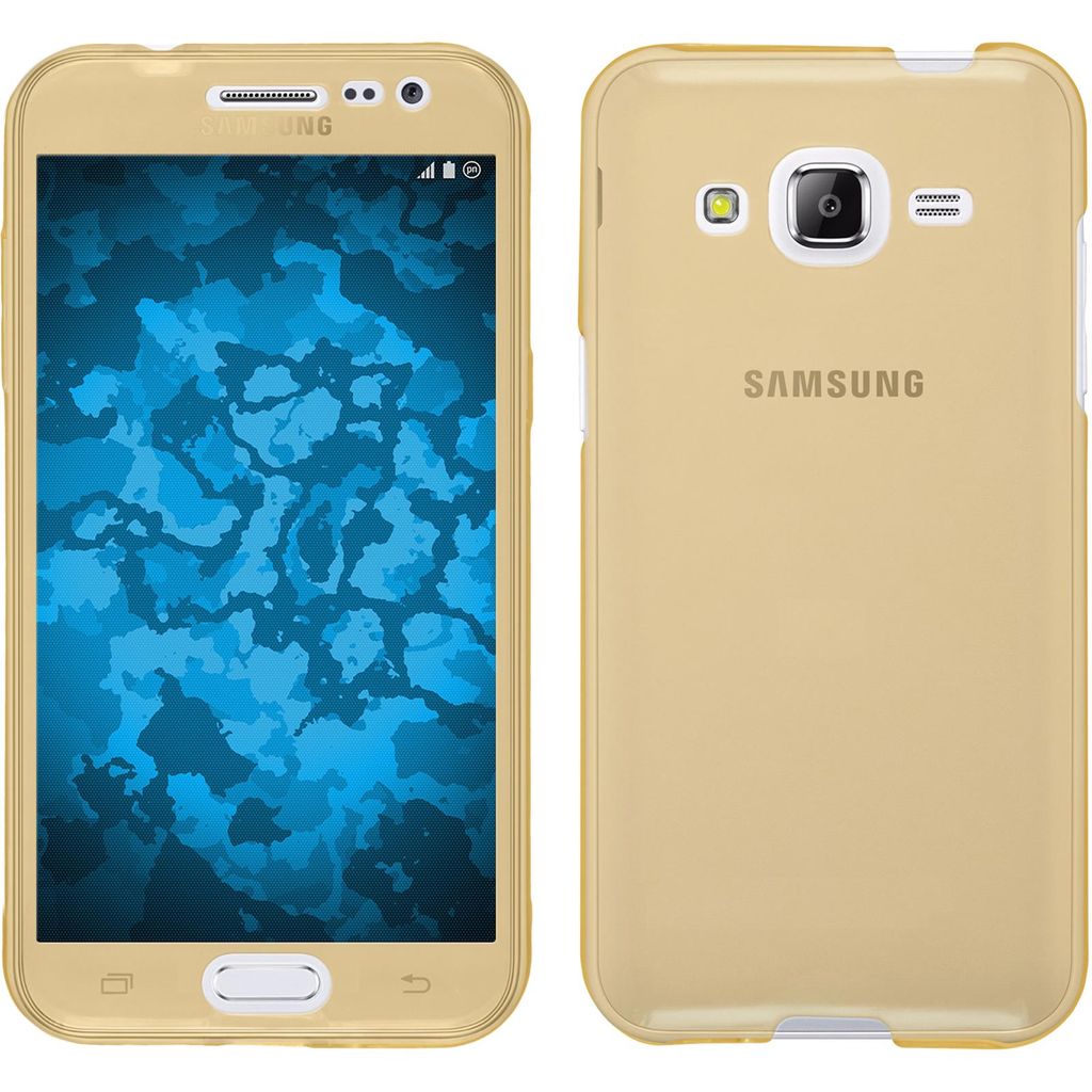 PhoneNatic Case kompatibel mit Samsung Galaxy J2 (2015) - gold Silikon Hülle 360° Fullbody + 2 Schutzfolien