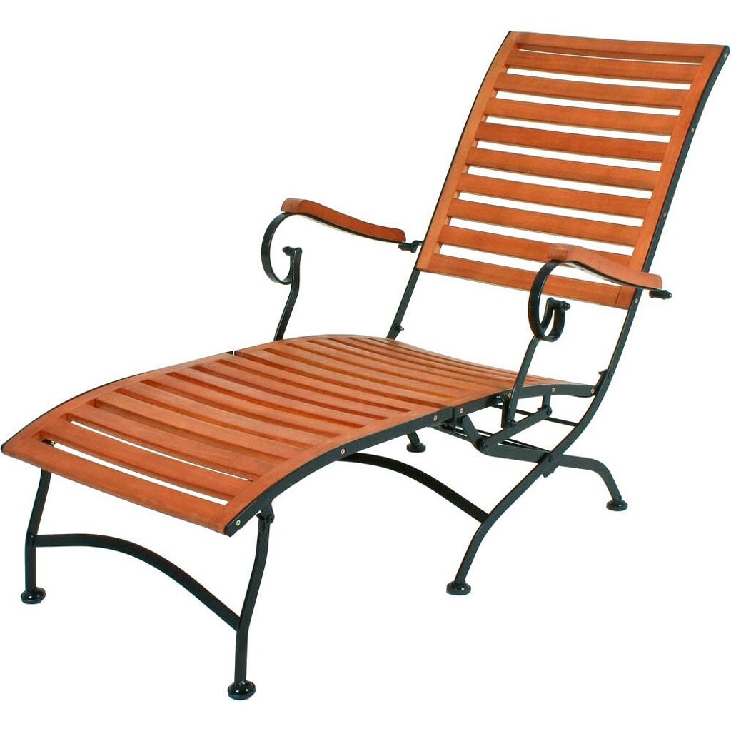 A wooden and metal deckchair on a white background.
