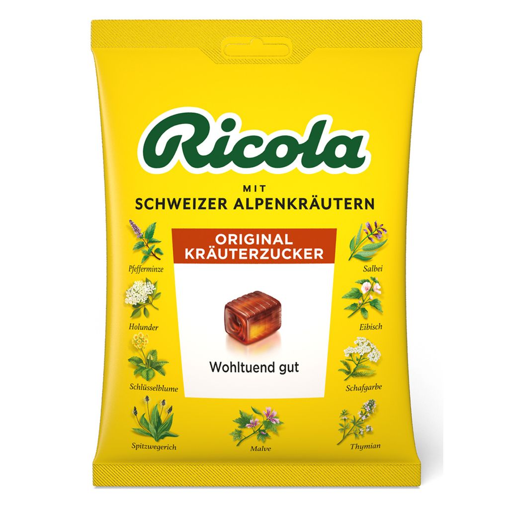 A yellow package of Ricola Original Kräuterzucker with Swiss Alpine Herbs.