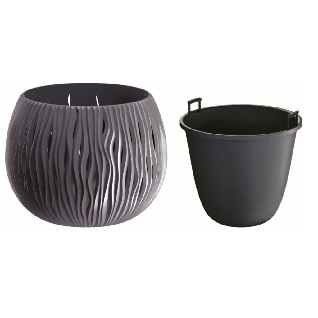 A gray decorative planter and a black inner pot are shown side-by-side against a white background.