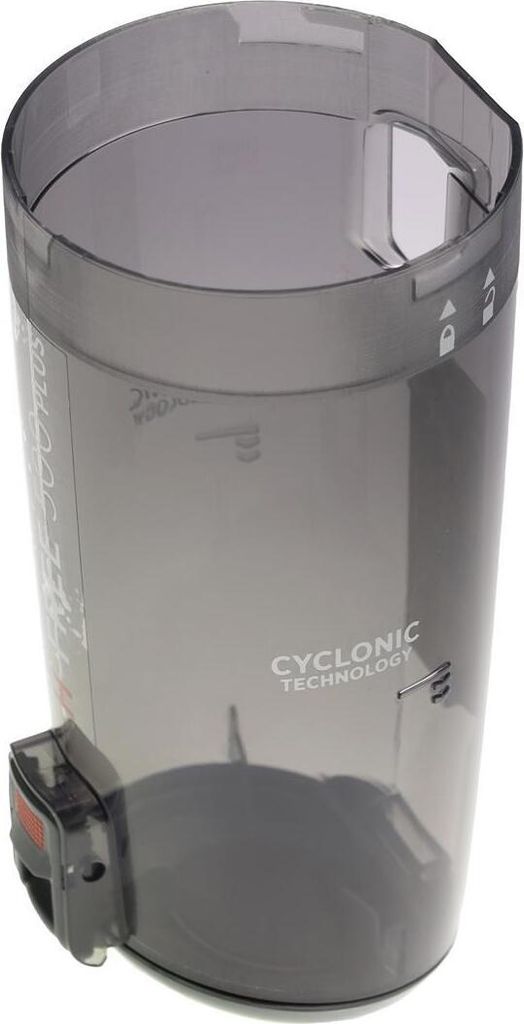 A transparent gray dustbin for a vacuum cleaner.