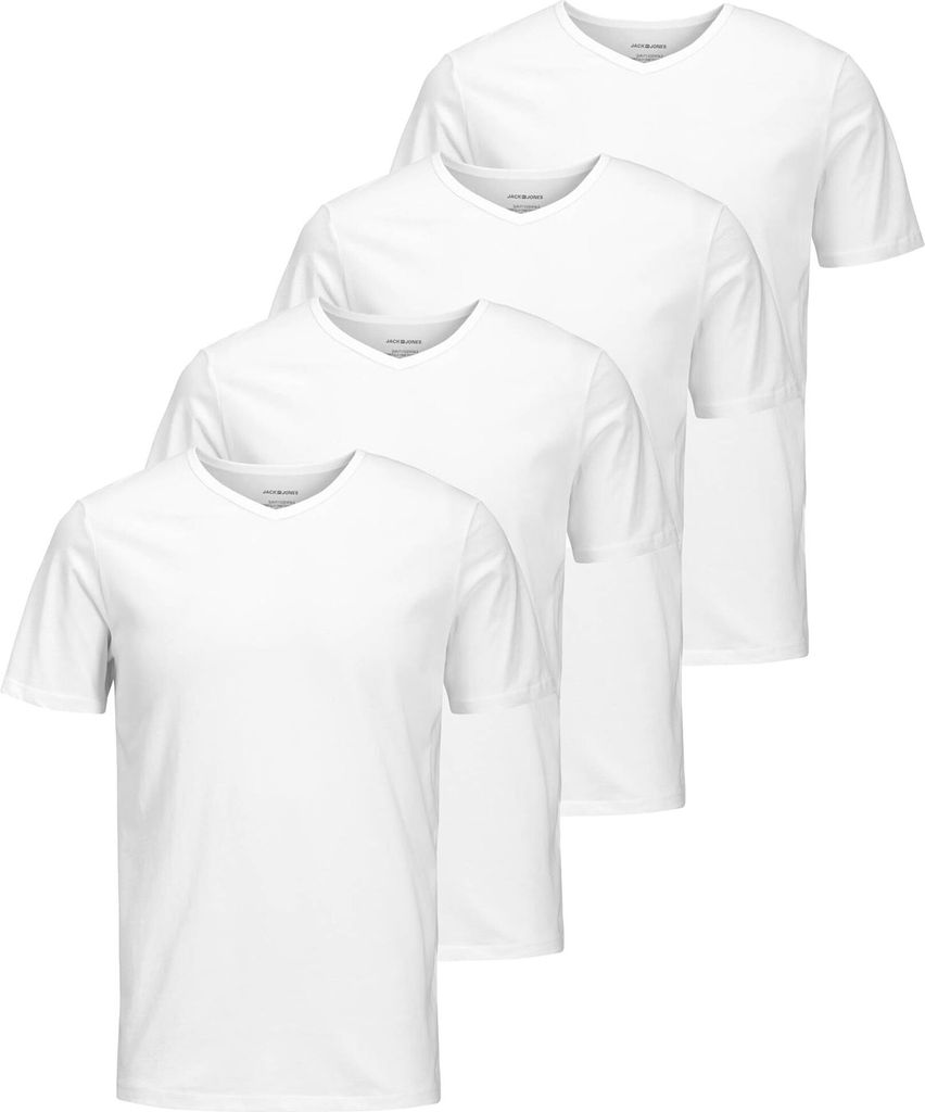 JACK&JONES Herren T-Shirt, 4er Pack - JACBASIC V-NECK TEE, Kurzarm, einfarbig, Baumwolle Weiß XL