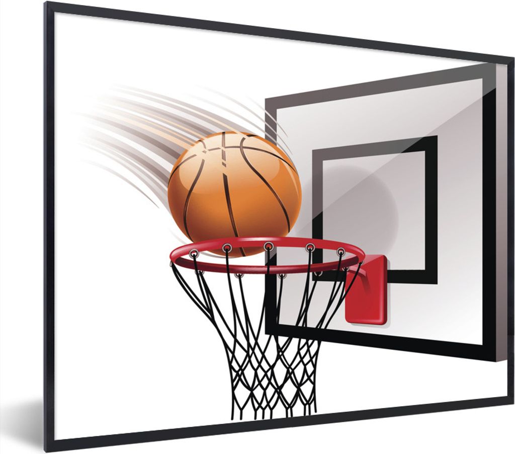 MuchoWow Gerahmtes Poster Eine Illustration eines Basketballs, der in den Korb fällt 40x30 cm - Poster mit Schwarzem Bilderrahmen Wandposter Rah...