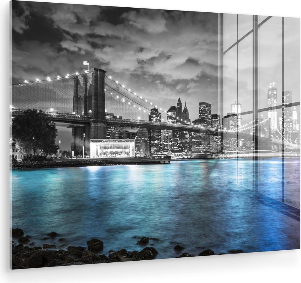 MuchoWow Glasbilder - Bilder auf Wandbild - Foto auf Glas New York - Skyline - Stadt - Blau 40x30 cm Wanddekoration aus Glas - Acrylglasbild - Acry...