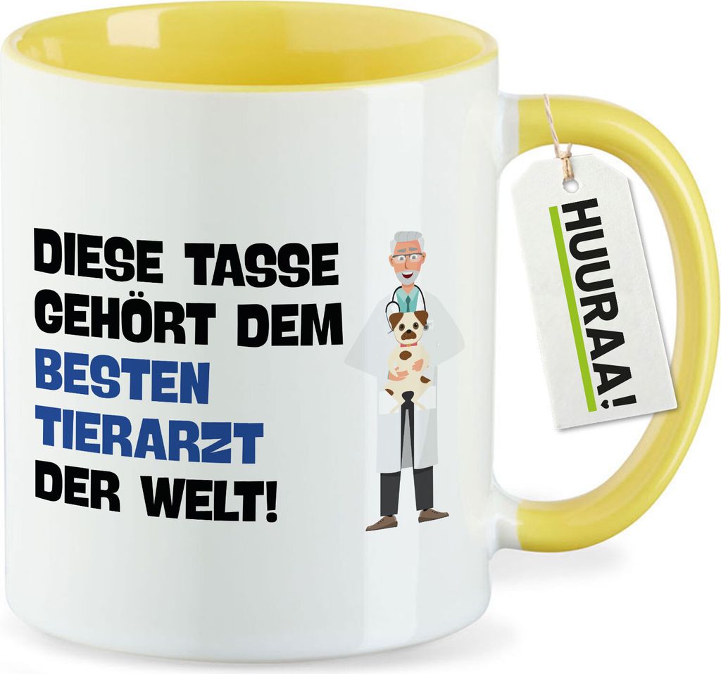 Huuraa Kaffeetasse Tasse gehört dem besten Tierarzt der Welt 330ml Gelb Keramik Kaffeebecher Geschenkidee