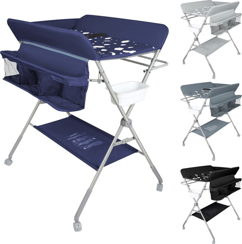Baby Wickeltisch klappbare Wickelkommode, mobiler mit Wickelauflage, Sicherheitsgurt und Ablagefächern Marineblau
