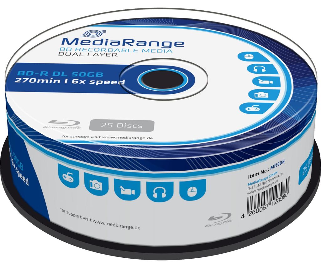 MediaRange BD-R Dual Layer 50GB 6-fache Schreibgeschwindigkeit, 25er Cakebox