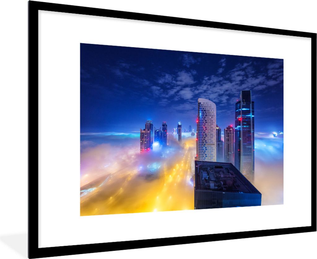 MuchoWow Gerahmtes Poster Dubais Hochhaus erhebt sich bei Nacht über die Wolken 90x60 cm - Poster mit Schwarzem Bilderrahmen Wandposter Rahmen F...