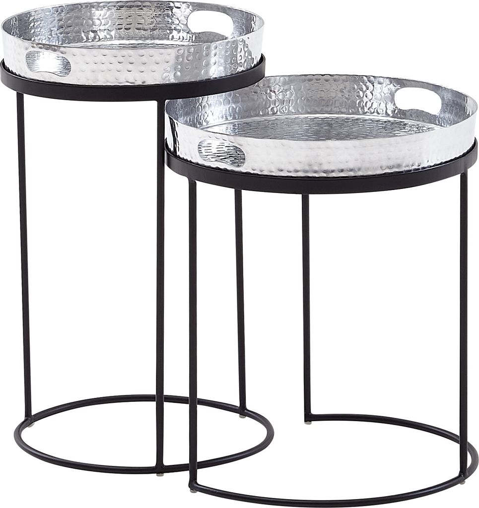 Beistelltisch 2er Set Silber / Schwarz Metall Hammerschlag Satztisch Rund | Couchtisch abnehmbares Tablett | Tabletttisch Sofa 2 teilig Modern | Ru...