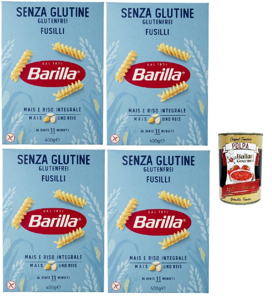 Barilla Senza Glutine Fusilli – 4×400 g glutenfreie Pasta aus Mais & Vollkornreis, al dente in 11 Min., kochstabil, Italy + Italian Gourmet polpa