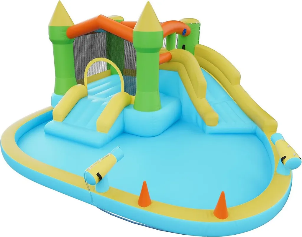 Aire de Jeux Gonflable Extérieure avec Pataugeoire et Zone de Saut 4m