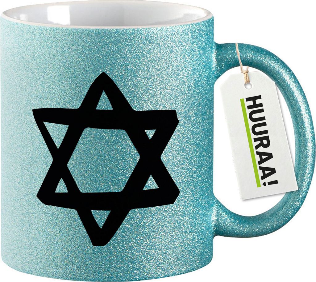 Huuraa Glitzertasse Davidstern Judentum 330ml Blau Keramik Kaffeebecher Geschenkidee
