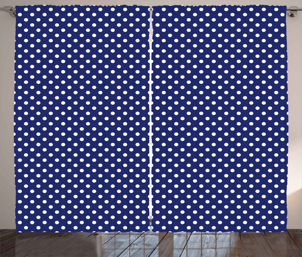 ABAKUHAUS Retro Rustikaler Gardine, Weiße Gepunktete Fliese, Schlafzimmer Kräuselband Vorhang mit Schlaufen und Haken, 280 x 225 cm, Indigo und W...