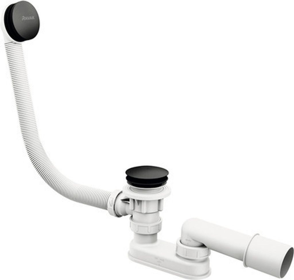 A white bathtub drain and overflow assembly with a flexible hose and black caps.