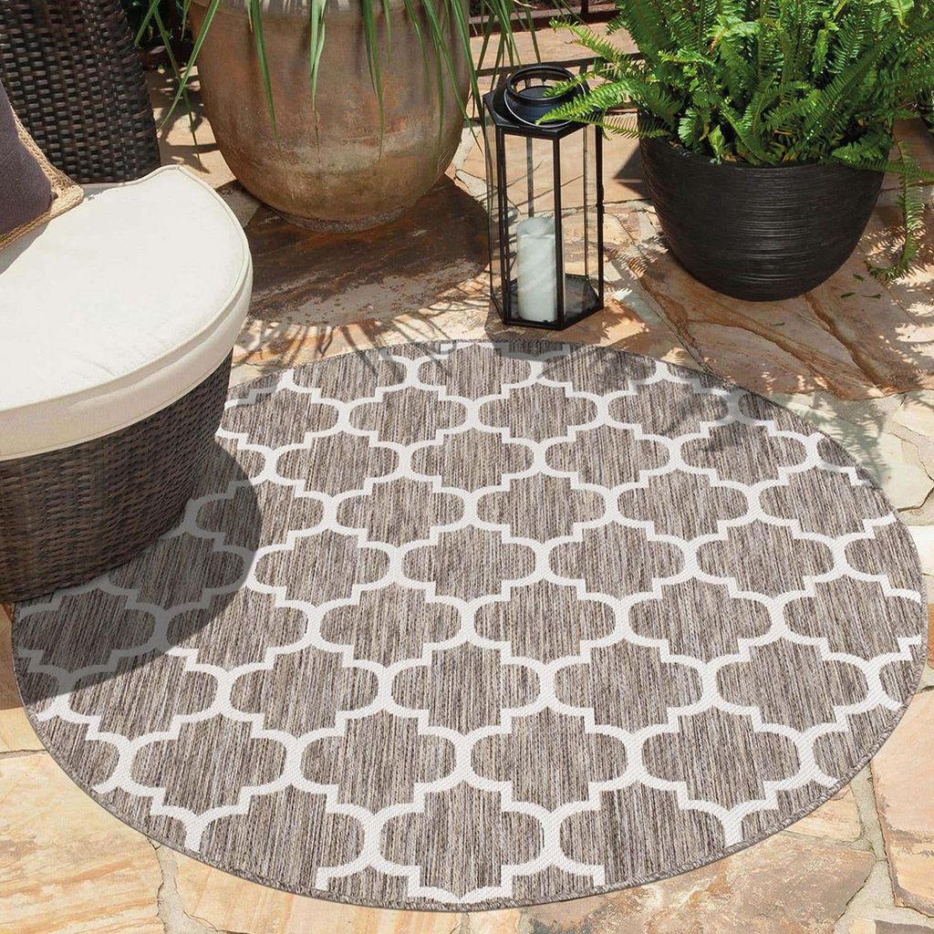 Teppich Outdoor Wetterfest Beige - 160 cm Rund - Marokkanisch - In- & Outdoor Terrasse, Balkon, Flur