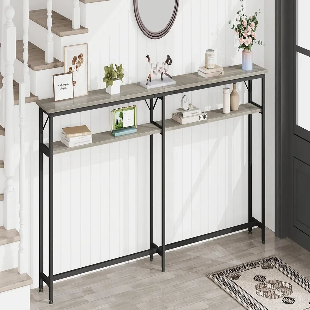 Console étroite 180 cm grise pour salon - Table de rangement bi-niveau - 7