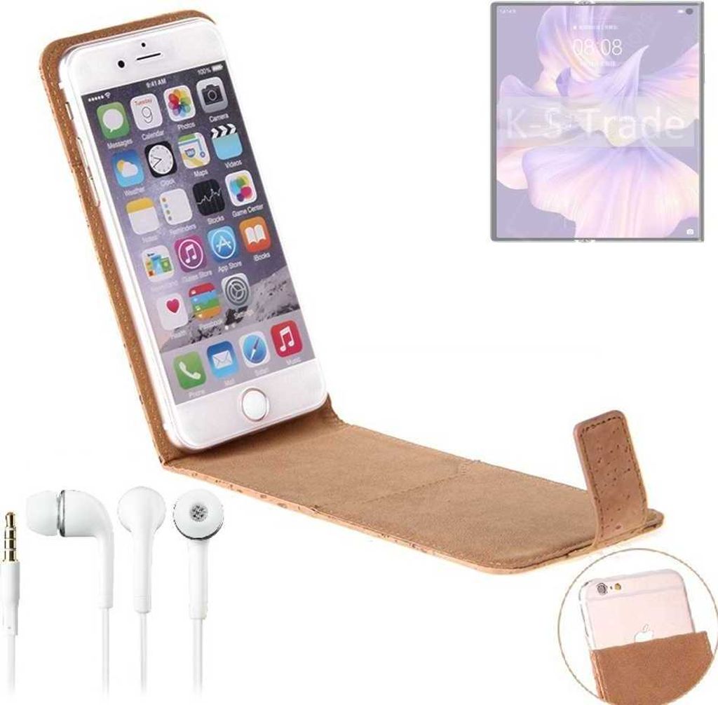 K-S-Trade Schutzhülle mit Kopfhörer kompatibel mit Huawei Mate Xs 2 Handyhülle Cover Kork Tasche Flipstyle Case