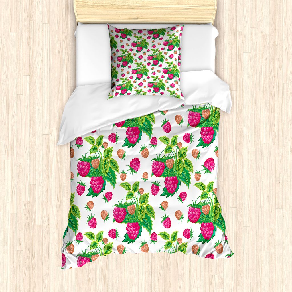 ABAKUHAUS Obst Bettbezug Set für Einzelbetten, Himbeeren und grüne Blätter, Milbensicher Allergiker geeignet mit Kissenbezug, 135 cm x 200 cm - ...