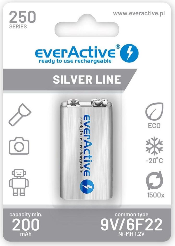 EverActive Wiederaufladbare Batterien EVHRL22-250 6F22 200 mAh 9 V