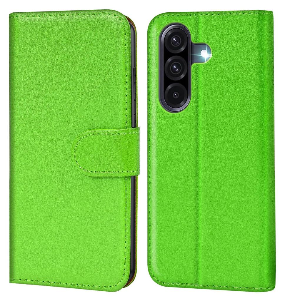 A bright green book-style phone case is shown from the front and side.