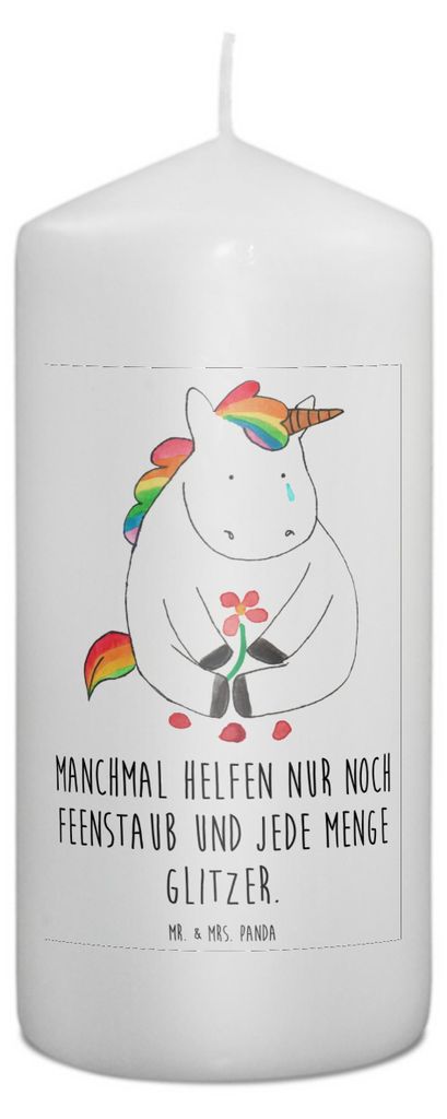 Mr. & Mrs. Panda Kerze Einhorn Traurig 15 x 7 cm - Weiß - Geschenk, Stumpenkerze, Blockkerze, Unicorn, Zylinderkerze, Bedruckte, Trauer, Erinnerun...